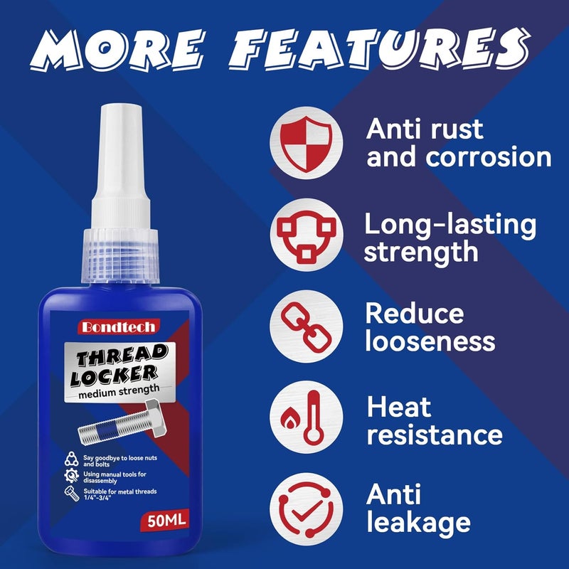 Bondtech Thread Lock Blue and Red, Threadlocker Medium and High Strength, Thread Locker for Nuts, Bolts, Fasteners and Metals, Against Losening and Leakage (Medium-50ml2pack) - Image 3